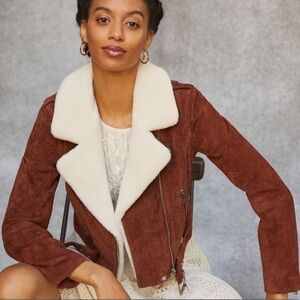 Blank NYC Brown Suede Moto Jacket with Cream Collar